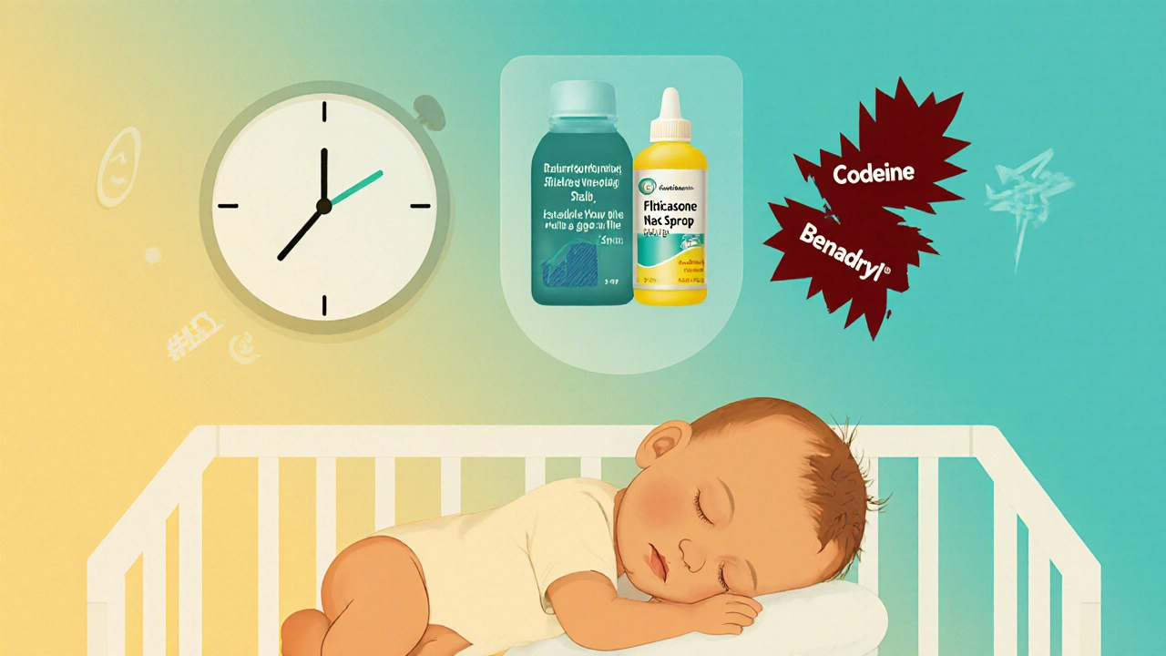 Baby sleeping peacefully after timed dose, safe medications floating above with fading unsafe ones.