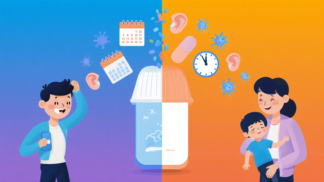 Cartoon comparison: single azithromycin pill vs. multiple amoxicillin doses over days.