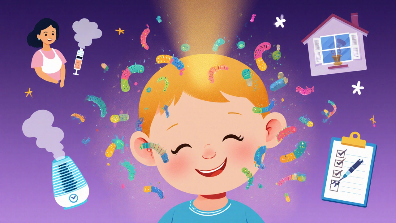 Child with ear tubes, preventive symbols like vaccine and humidifier around them.