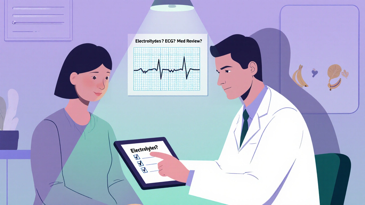Doctor and patient reviewing a normal ECG on a tablet, with a fading dangerous rhythm pattern behind them.