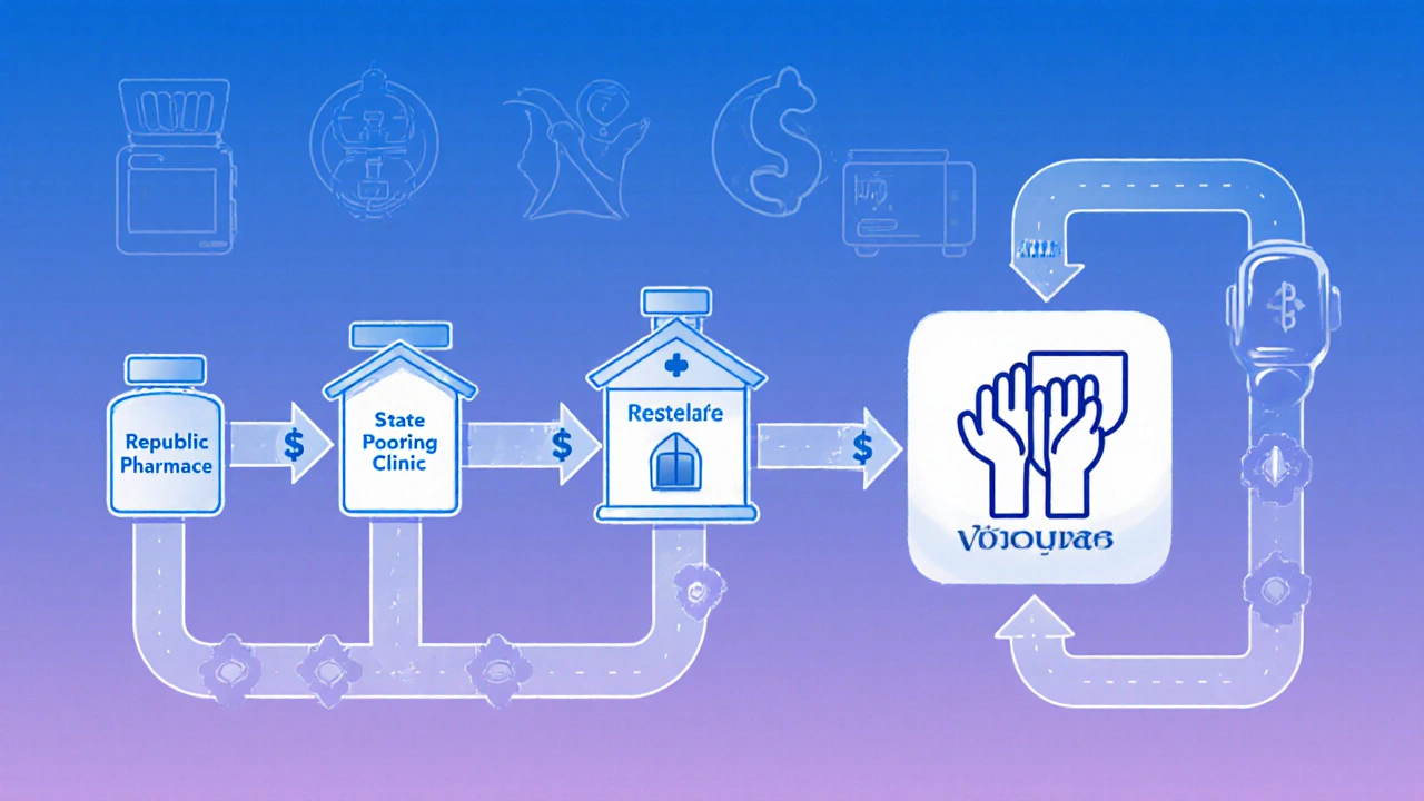 Drug supply pipeline showing discounts from manufacturer to clinic via secondary distributor