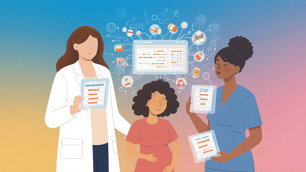 Healthcare team supporting a pregnant patient with connected data streams and medication tablets in a collaborative scene.