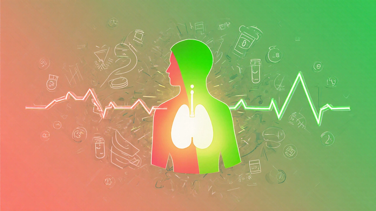 Human body with glowing thyroid showing unstable and stable TSH levels from different medications