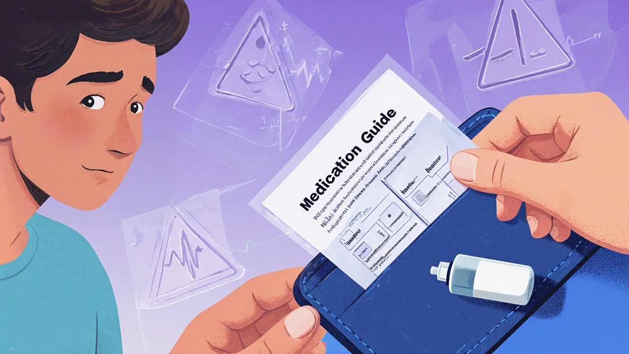 Medication guide and naloxone in wallet, with transparent drug interaction warnings fading in background.