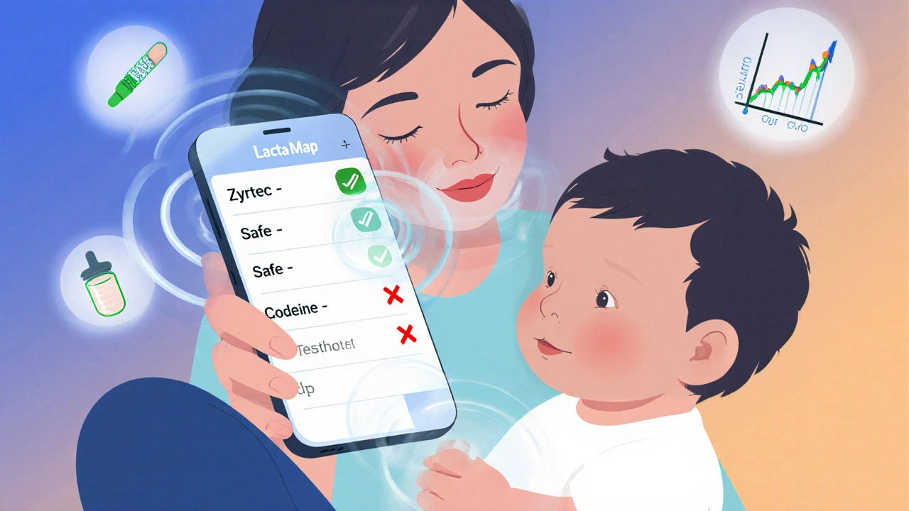 Mother using LactaMap app while breastfeeding, safe meds shown in green, unsafe in red.