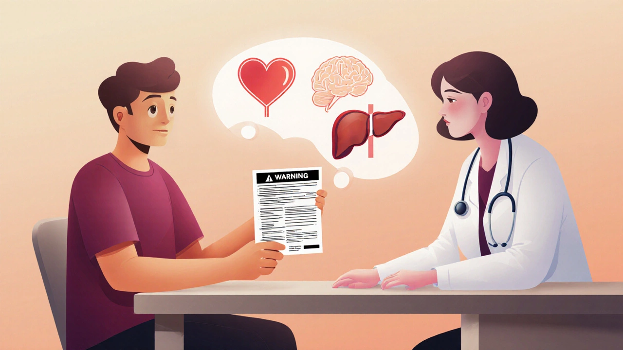Patient and doctor discussing a medication warning, with risk icons floating between them.
