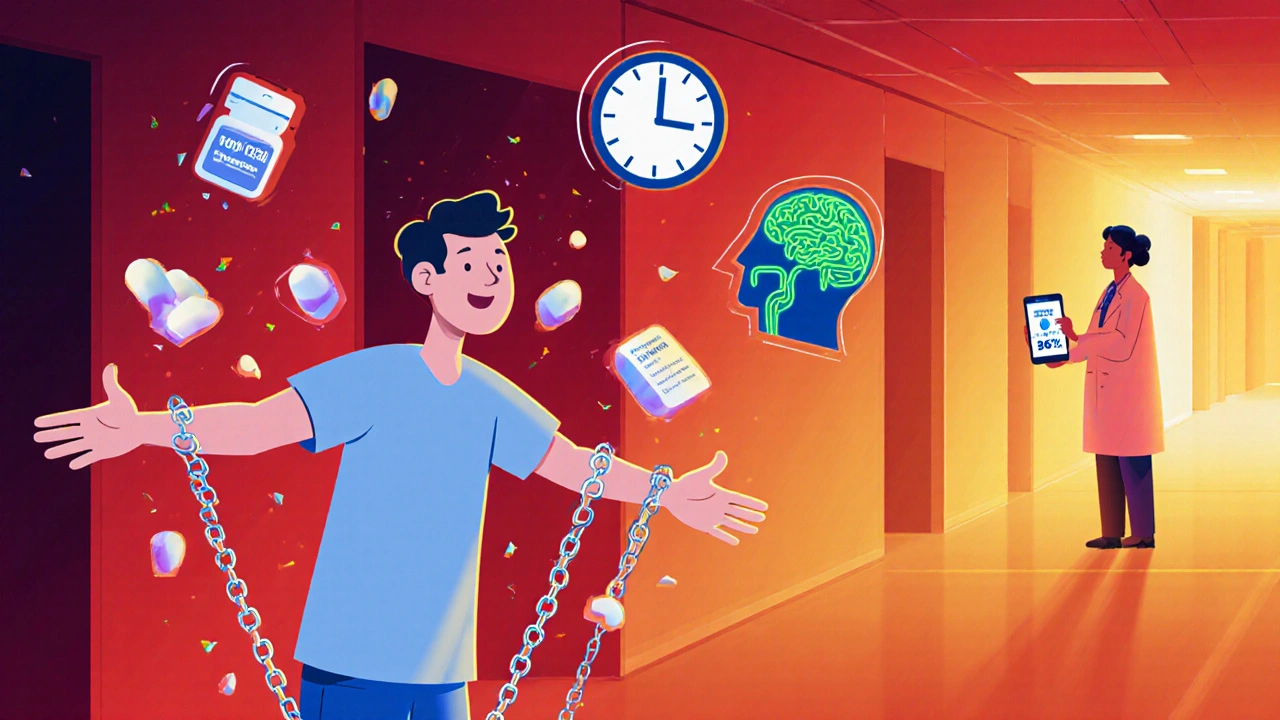 Patient breaking free from invisible chains as medical icons crumble, with AI app visible in background, representing recognition and relief.