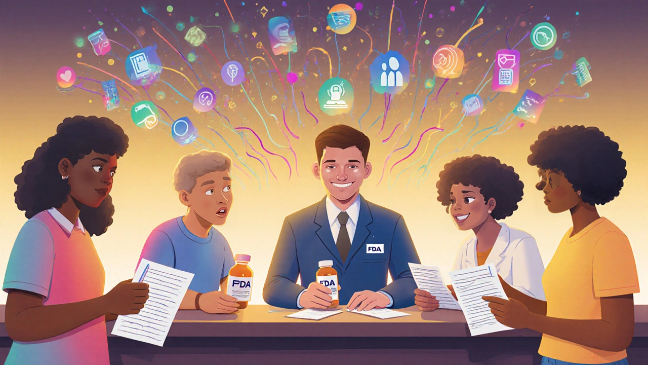 Patients reporting side effects to an FDA agent while AI analyzes health data.