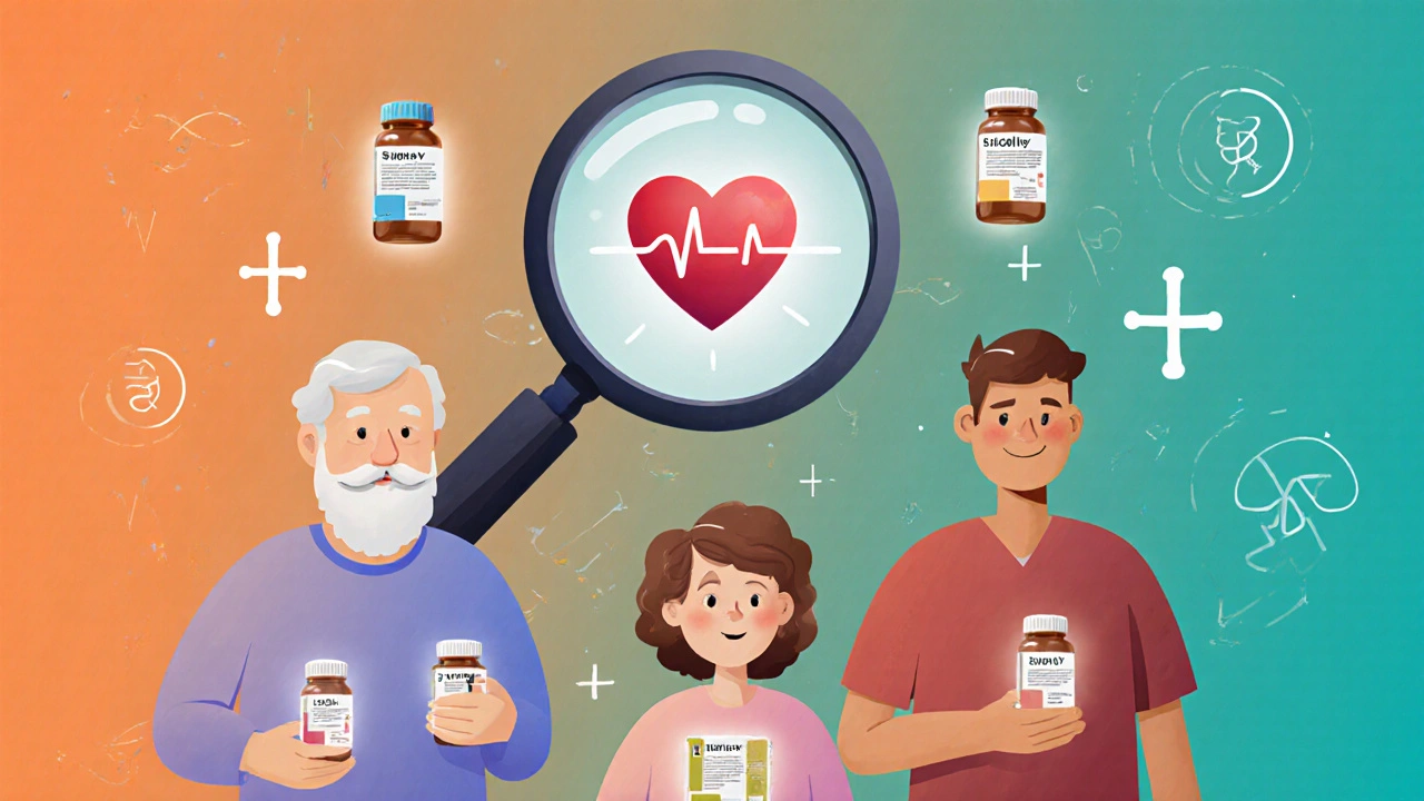 People with floating hearts showing normal and abnormal beats, hidden genetic markers glowing in gradient background.