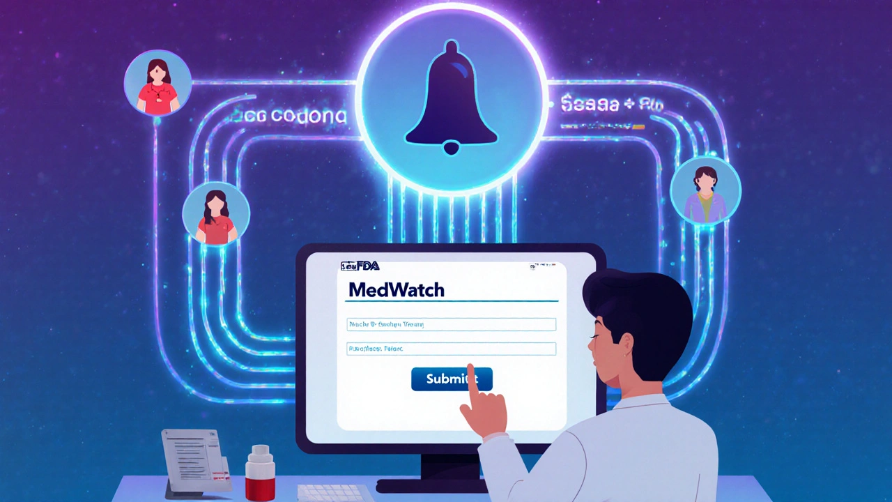 Pharmacist submitting an adverse event report to FDA&#039;s MedWatch system with data flowing to a safety network.