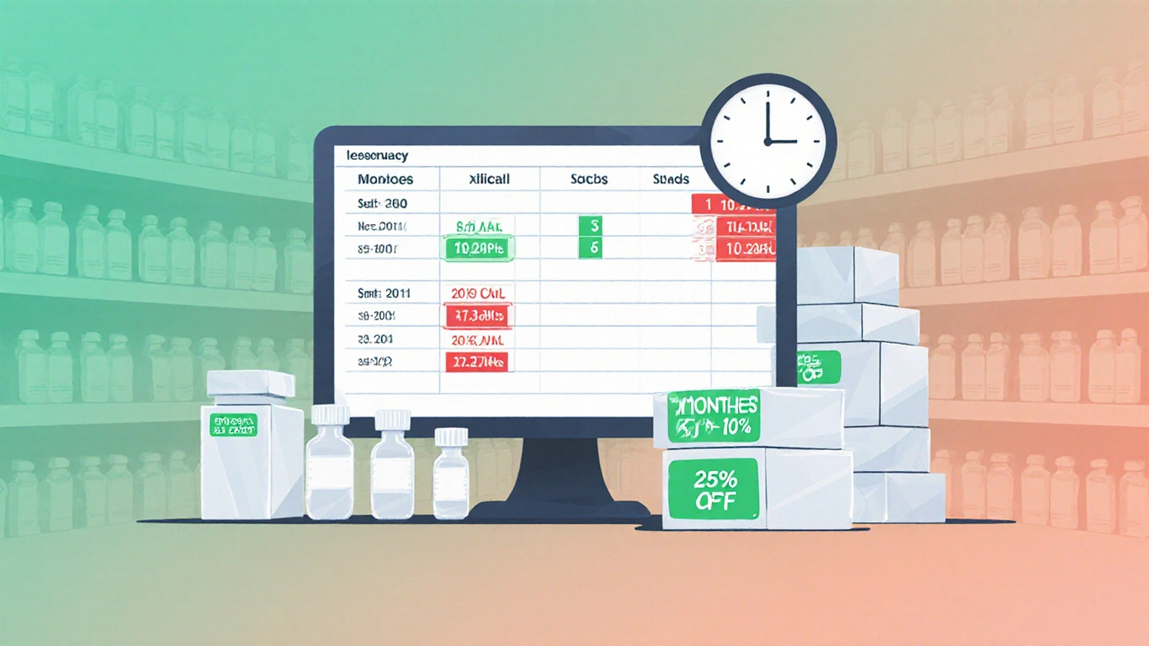 Pharmacist tracking short-dated stock expiration with glowing alerts in gradient style