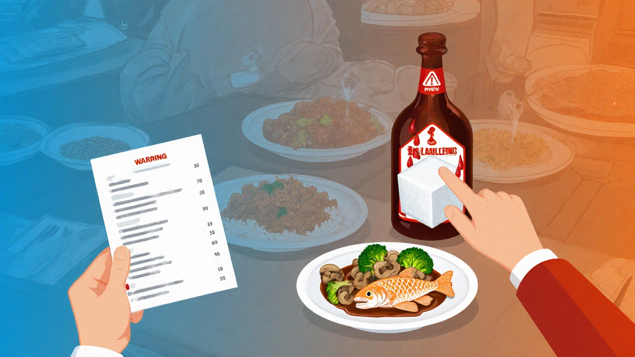 Someone asking for sauce on the side in an Asian restaurant, avoiding sugary dishes.