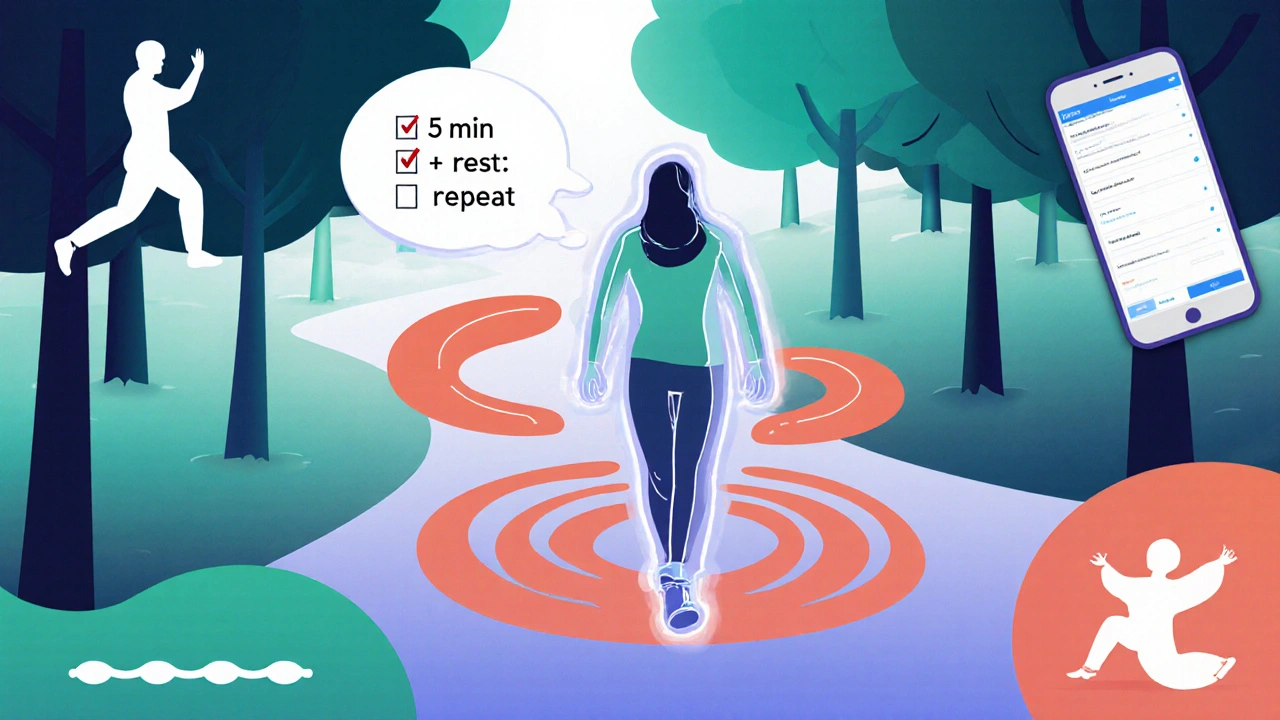 Someone walking peacefully as pain ripples fade away, with symbols of exercise and therapy nearby.