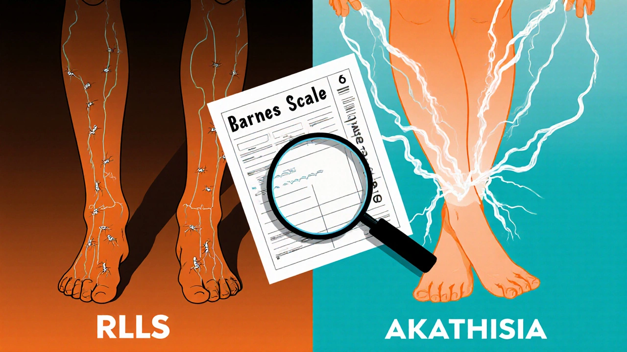 Split illustration comparing creepy-crawly leg sensations (RLS) with full-body electric urge to move (akathisia).