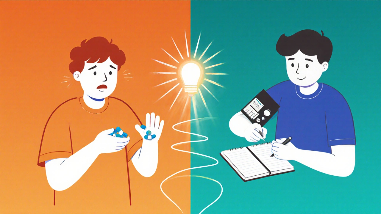 Split image showing a person choosing between stopping medication or managing it safely with monitoring.