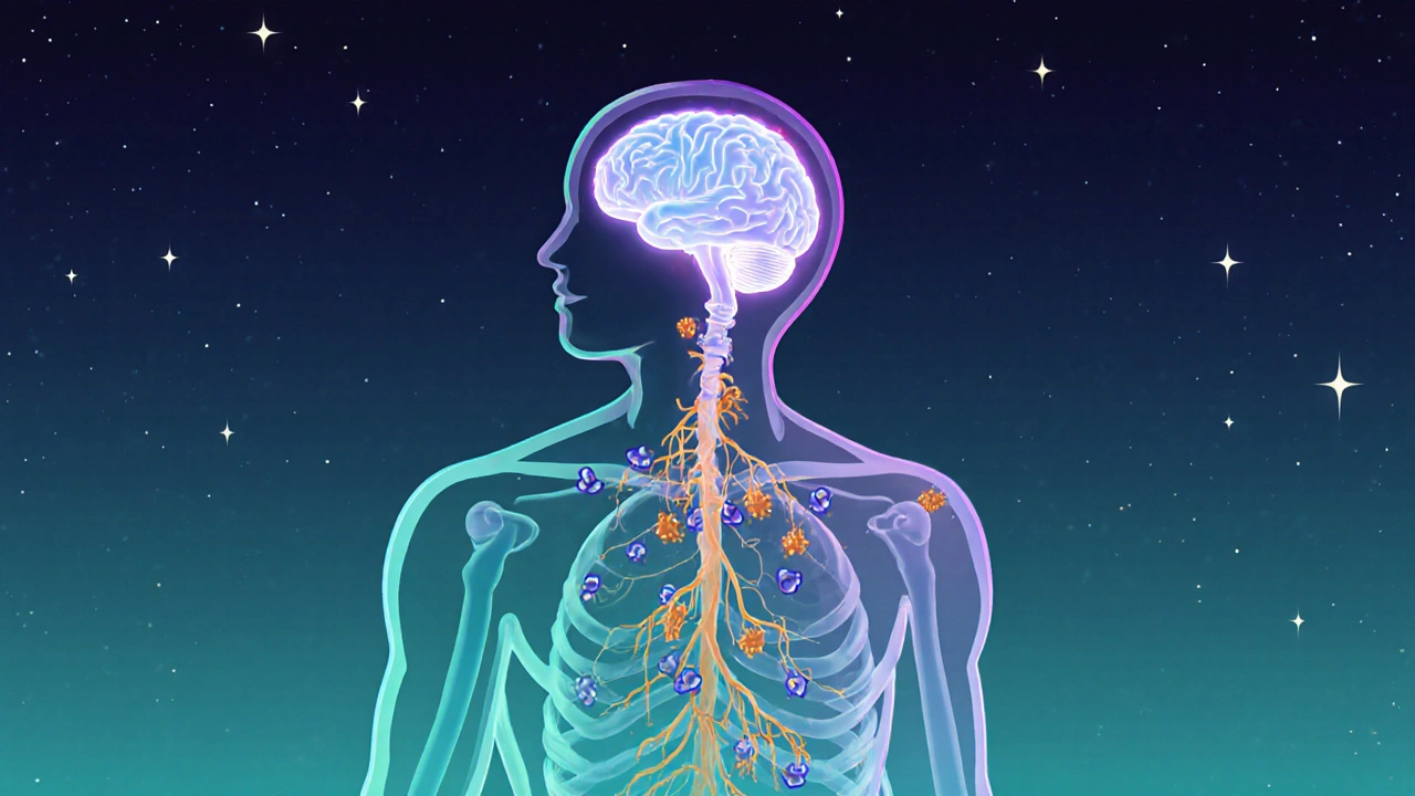 Transparent human body with glowing brain, joints, and immune cells connected by radiant Baikal Skullcap roots.