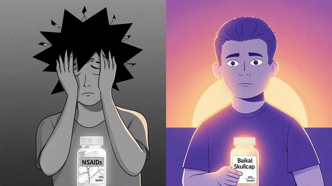 Two people side by side — one stressed and gray, the other calm and glowing — holding different herbal supplements.