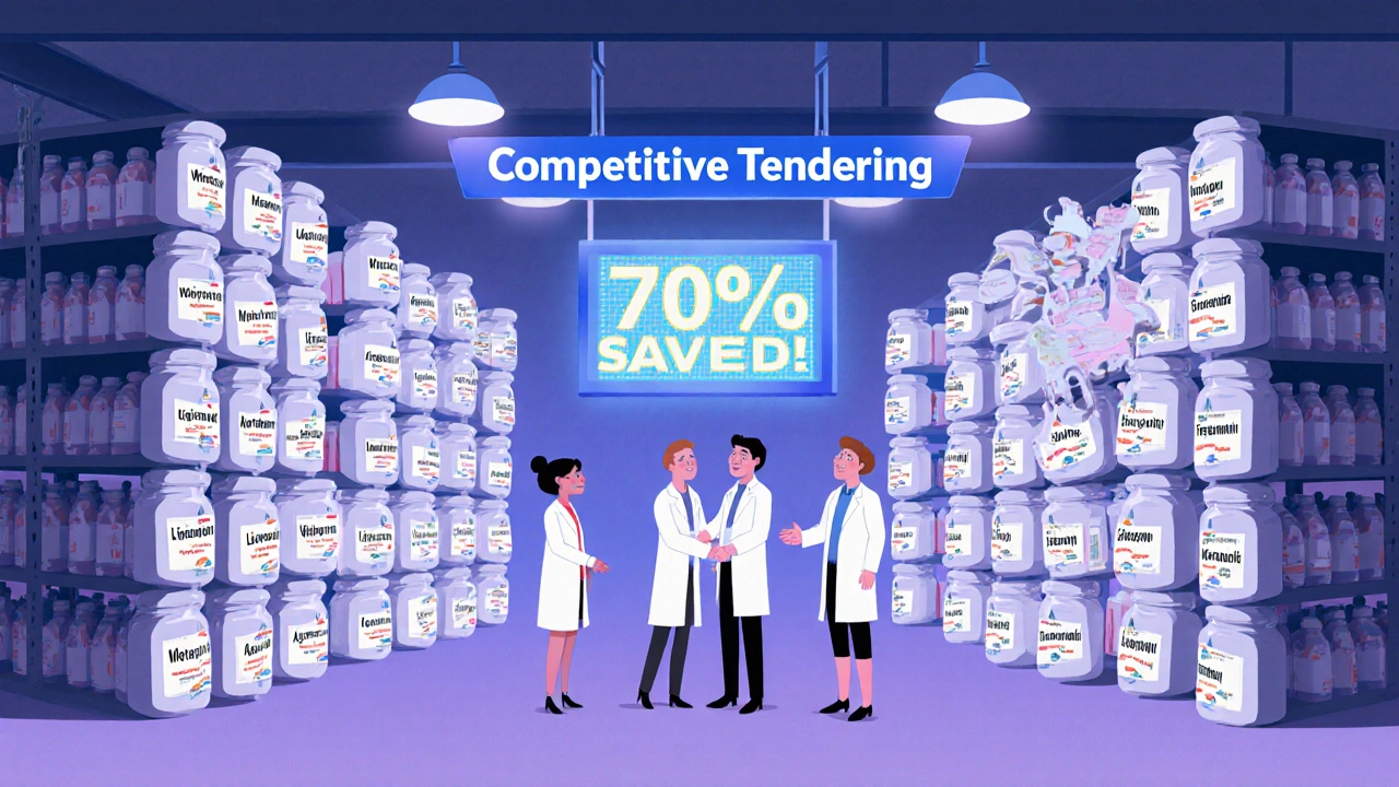 Warehouse shelves filled with generic pill bottles, inspectors reviewing prices, digital board shows 70% saved.