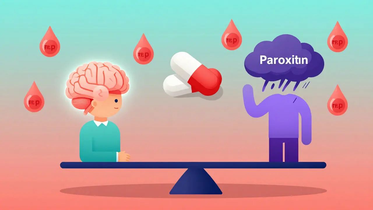 A balanced scale showing calm and stormy antidepressant effects on a tamoxifen patient, with floating blood droplets indicating endoxifen levels.