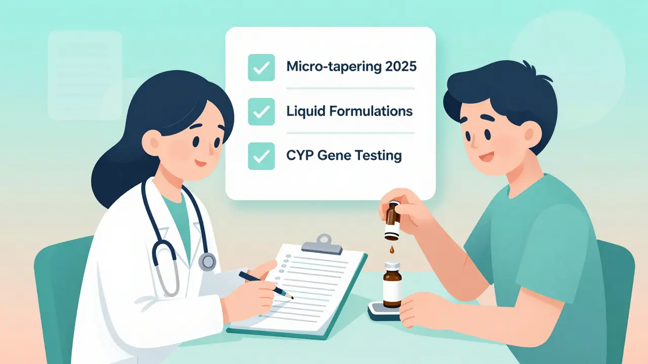 A doctor and patient reviewing a symptom journal with liquid medication and emerging medical guidelines in the background.