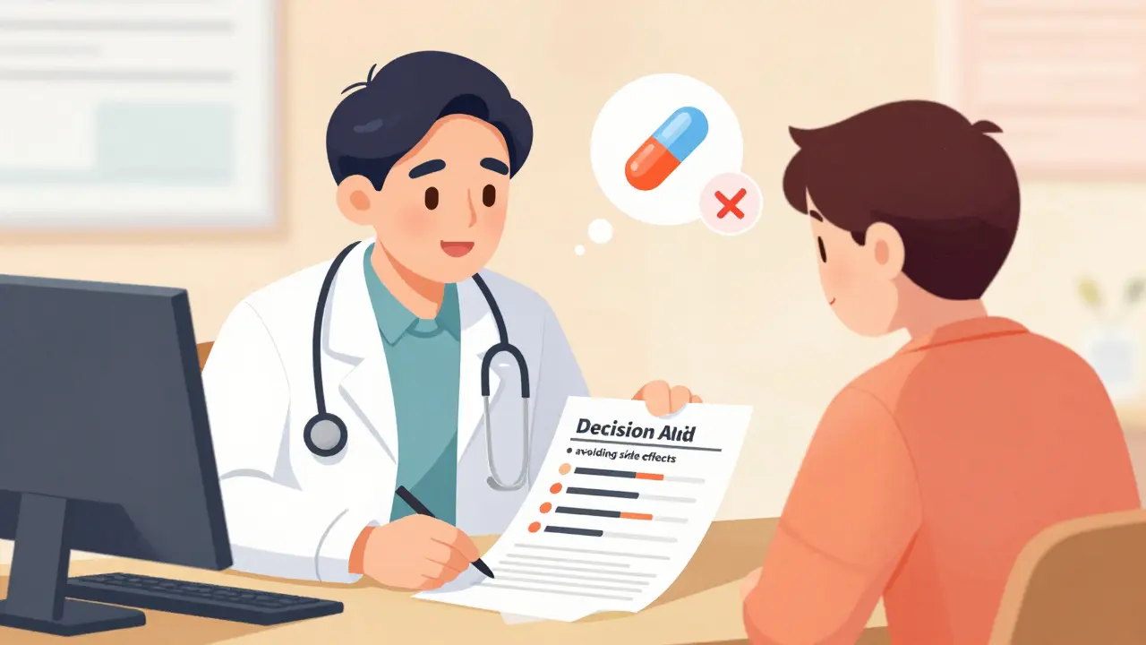 A doctor and patient reviewing a visual decision worksheet together, comparing health values with sliders and pill icons.