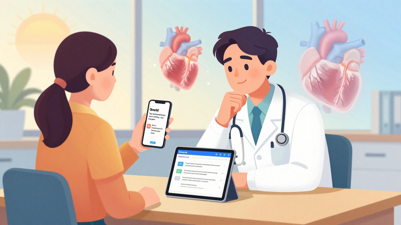 A doctor and patient reviewing AI-generated health insights on a phone, with subtle animated anatomy in the background.