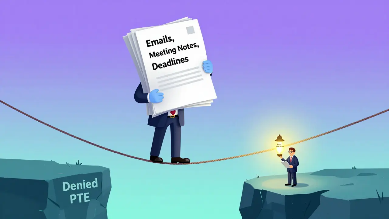 A patent attorney balancing on a tightrope over a denial chasm, holding documents labeled 'Due Diligence'.