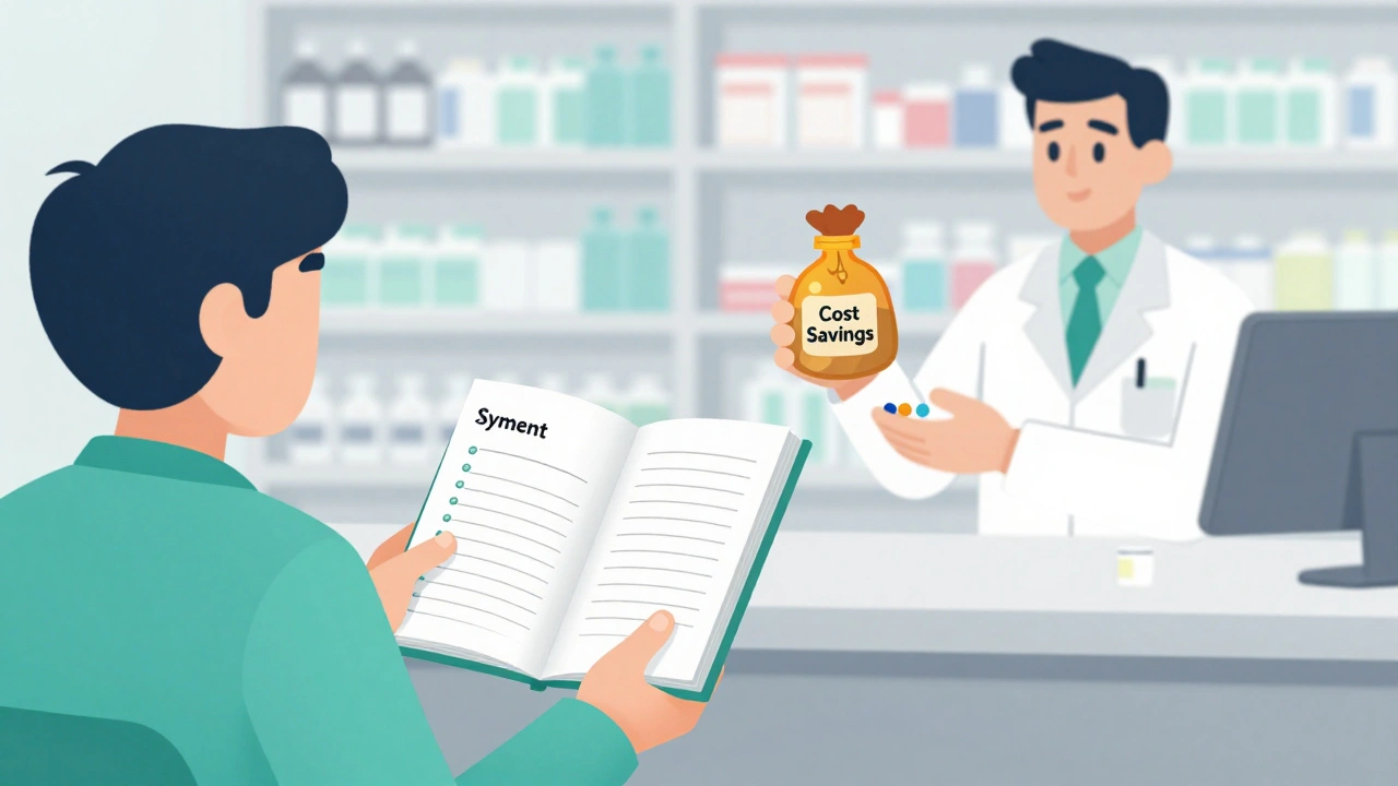 A patient reviewing a symptom journal while receiving a new generic pill from a pharmacist.