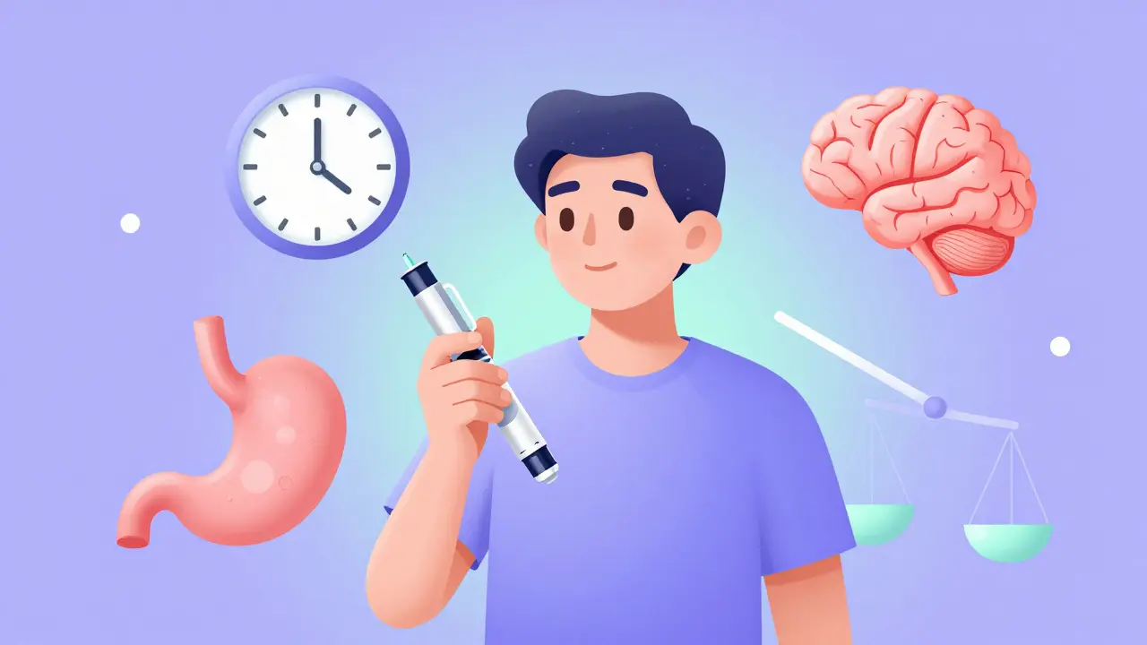 A person holding a tirzepatide injection pen, surrounded by symbols of metabolism, cravings, and weight loss in soft gradients.