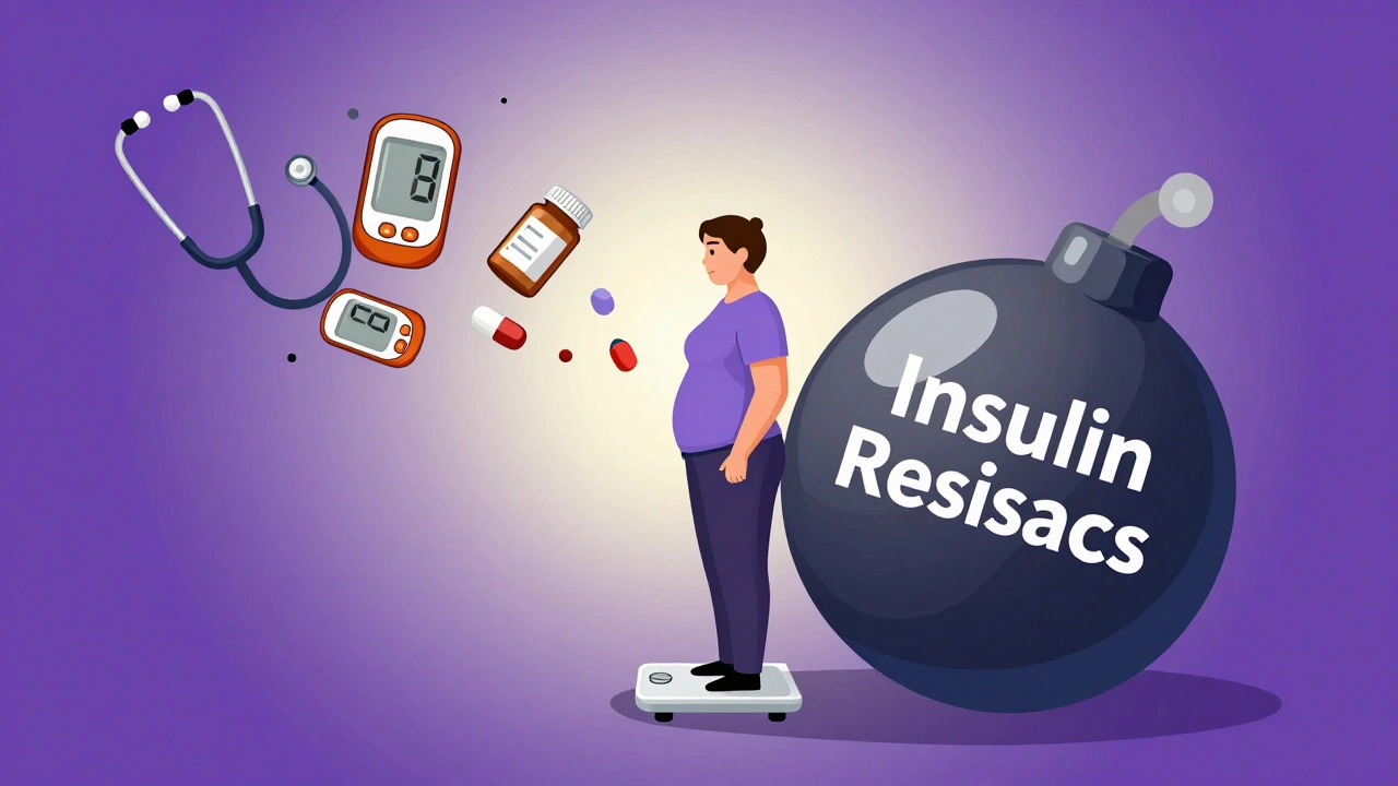 A person standing on a scale with a waistline casting a shadow as a ticking time bomb labeled &#039;Insulin Resistance&#039;.