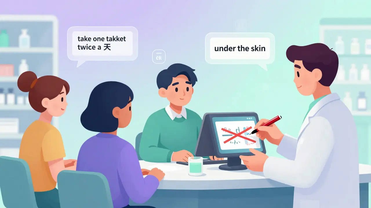 A pharmacist correcting a prescription at a pharmacy counter, with clear labels and AI conversion bubbles, rendered in soft gradient cartoon style.