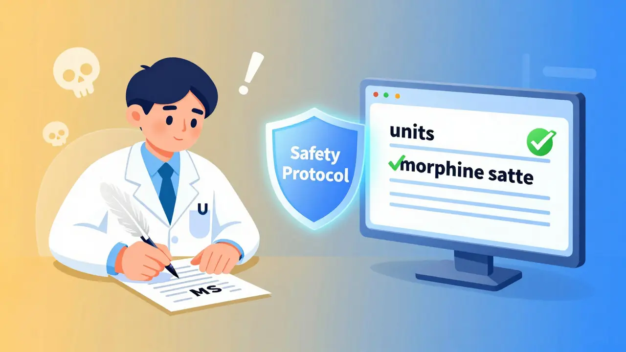 A split scene showing dangerous handwritten abbreviations on one side and safe digital corrections on the other, in gradient illustration style.