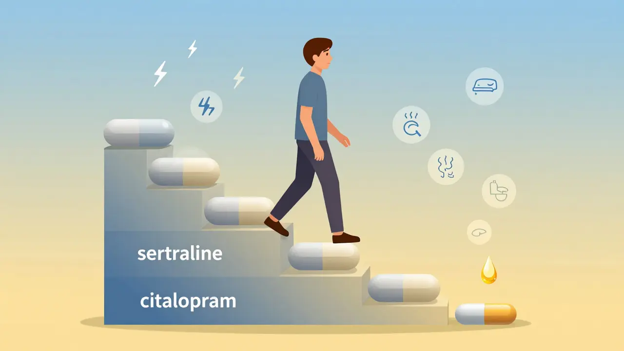 A staircase of shrinking pills leading to a liquid droplet, representing a safe, step-by-step medication reduction.