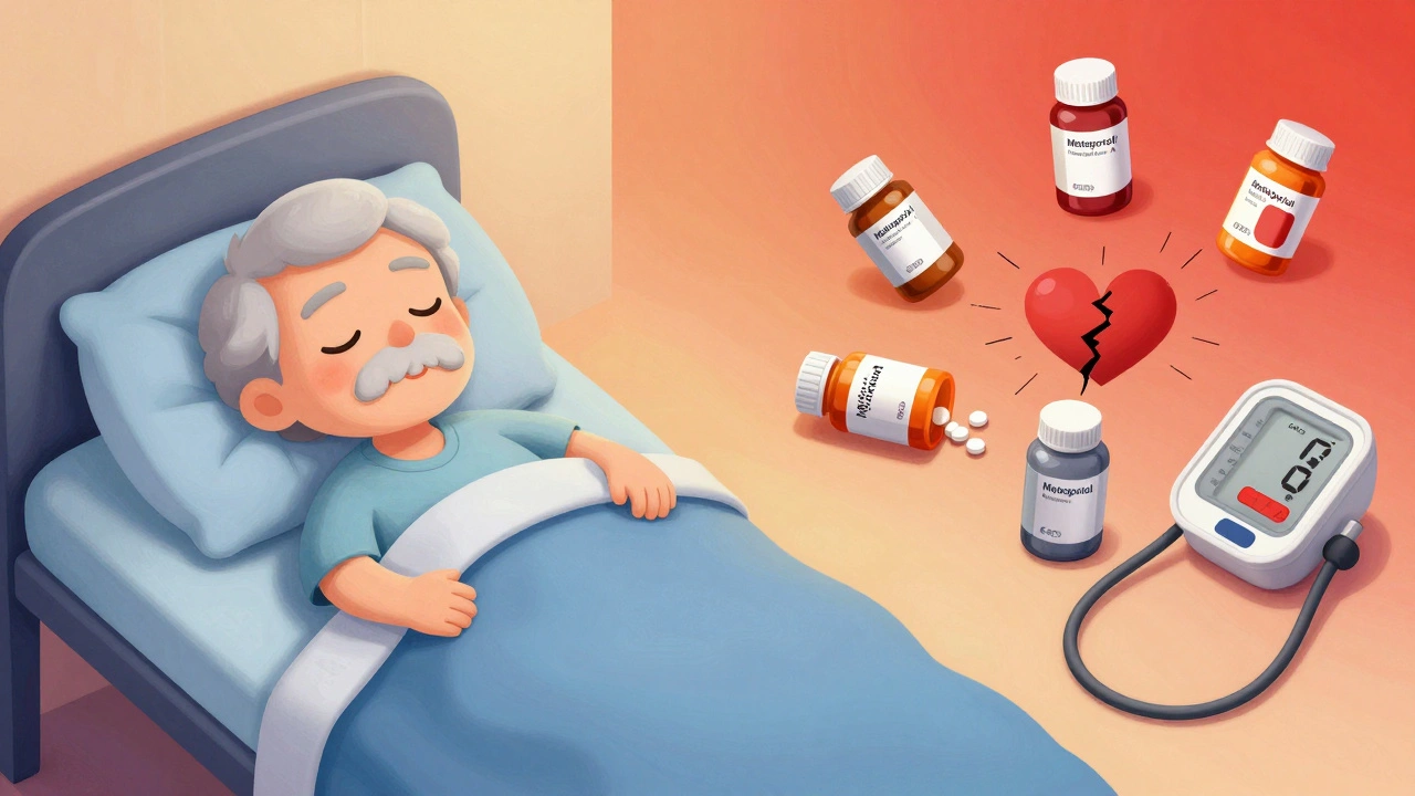 An elderly patient sleeping peacefully on one side, tossing and turning with changing pill bottles on the other.