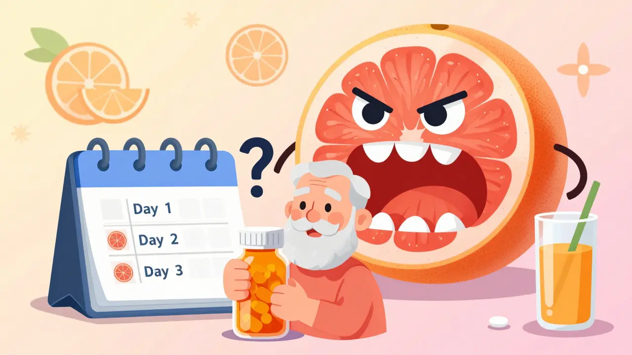 An elderly person confused beside a menacing grapefruit, with days of enzyme inhibition shown on a calendar.