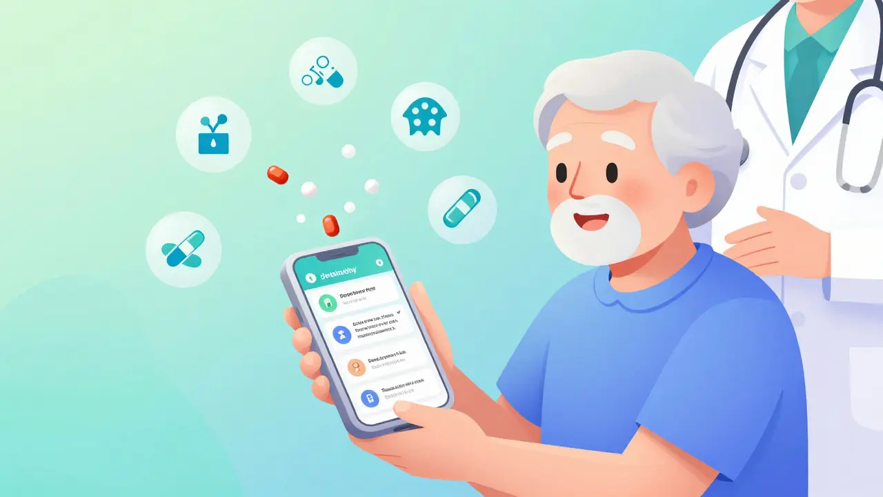 An elderly person using a large-print audio decision aid as unnecessary pills are gently removed from their organizer.