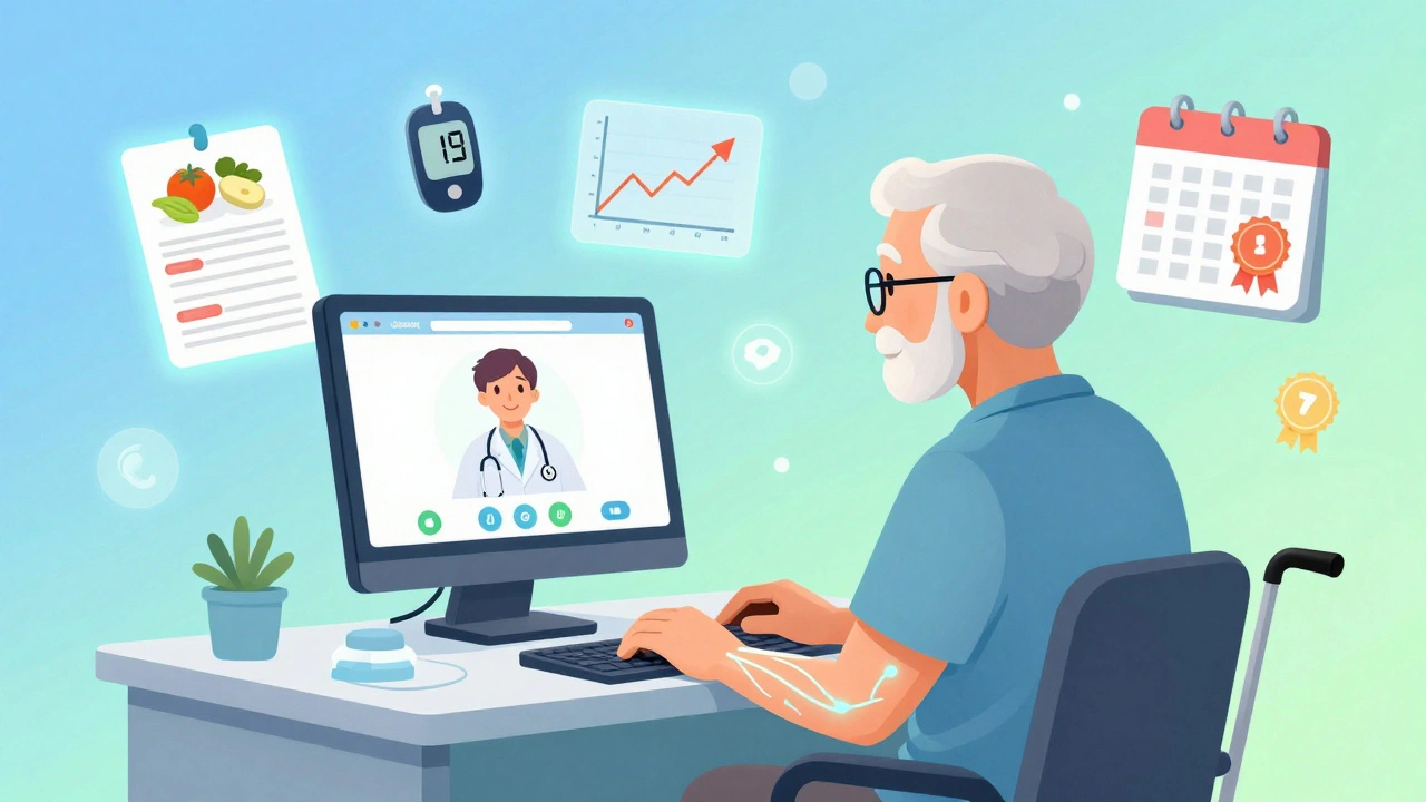 An older adult learning about diabetes on a library computer with glowing educational visuals and progress badges.