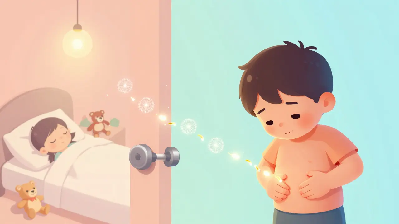 Child scratching at night as pinworm eggs float onto bedding and toys.