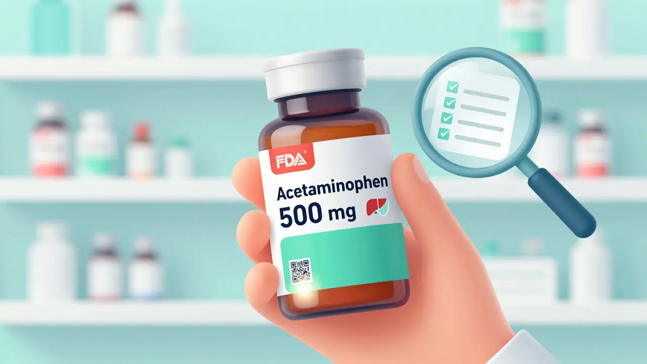 Close-up of medicine bottle with 2025 FDA label redesign featuring color-coded sections and liver safety icon.