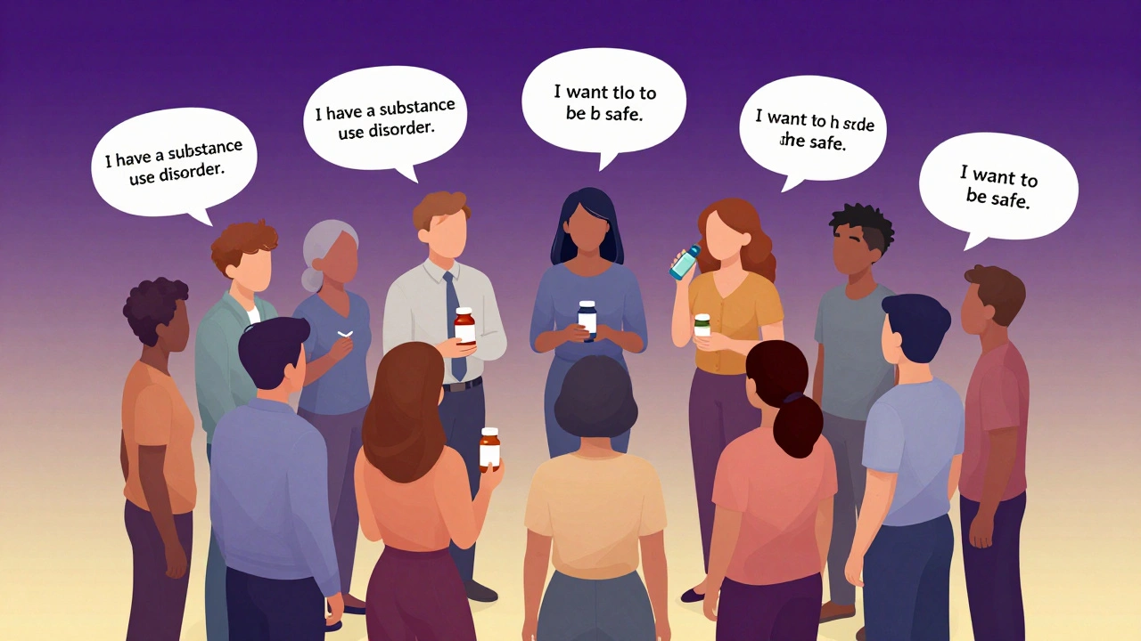 Diverse group holding medication bottles with empowering phrases, standing together in gradient-colored circle.