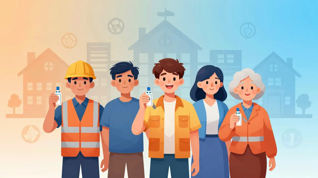 Diverse individuals holding naloxone kits in home, work, and school settings with rescue icons.