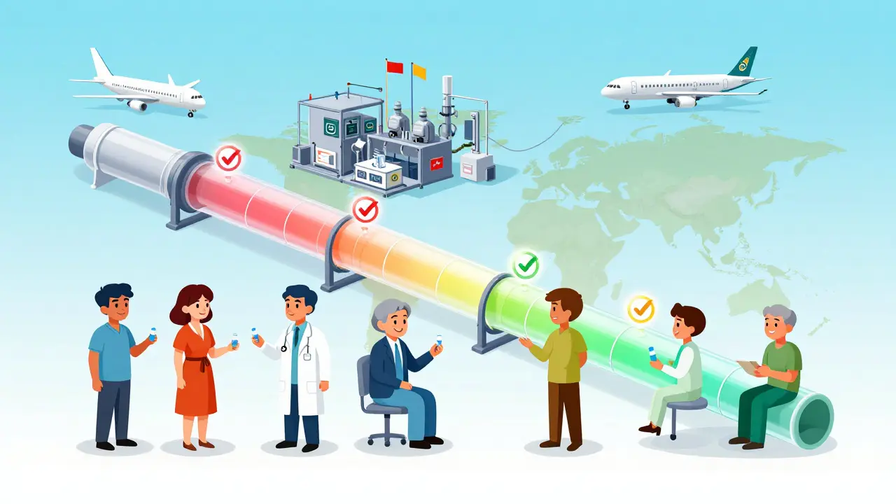 Diverse patients receiving medicine through a transparent global supply chain, with regulatory checkmarks glowing along the pipeline from factory to clinic.