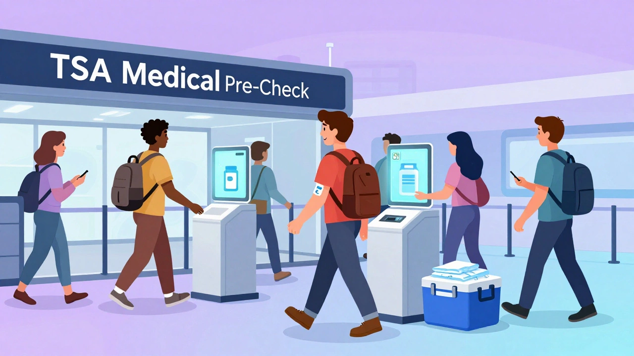 Diverse travelers passing through a high-tech medical screening lane with glowing AI scanners.