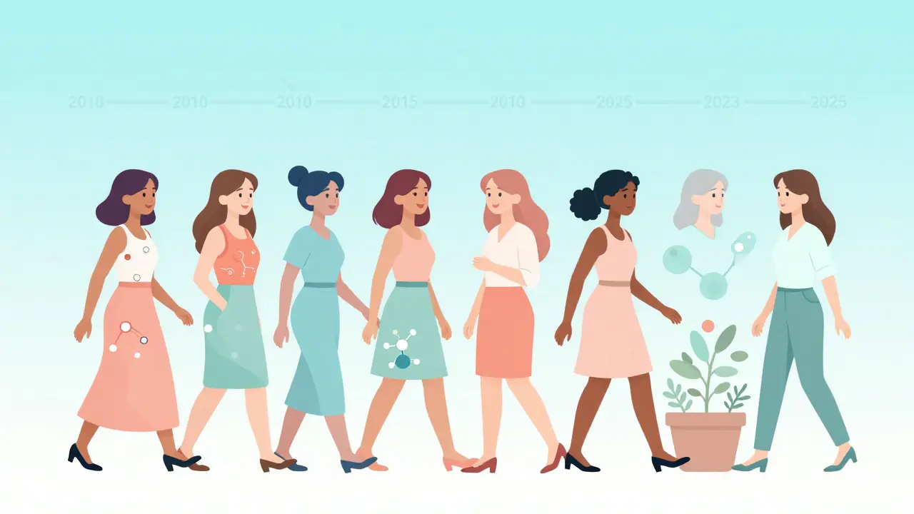 Diverse women living daily life with translucent tamoxifen and antidepressant molecules swirling around them, symbolizing safe treatment choices.