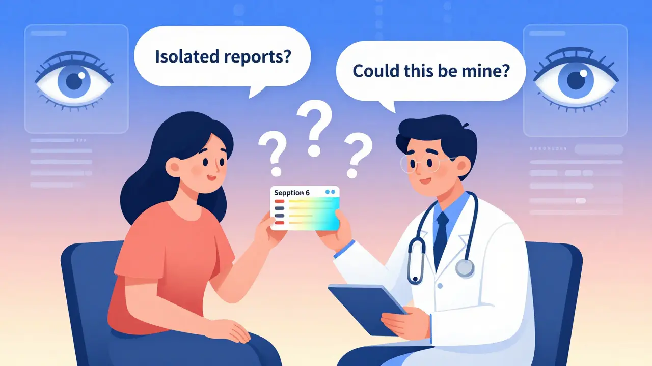 Doctor and patient reviewing a drug label with glowing Section 6 and AI eye scanning data streams.