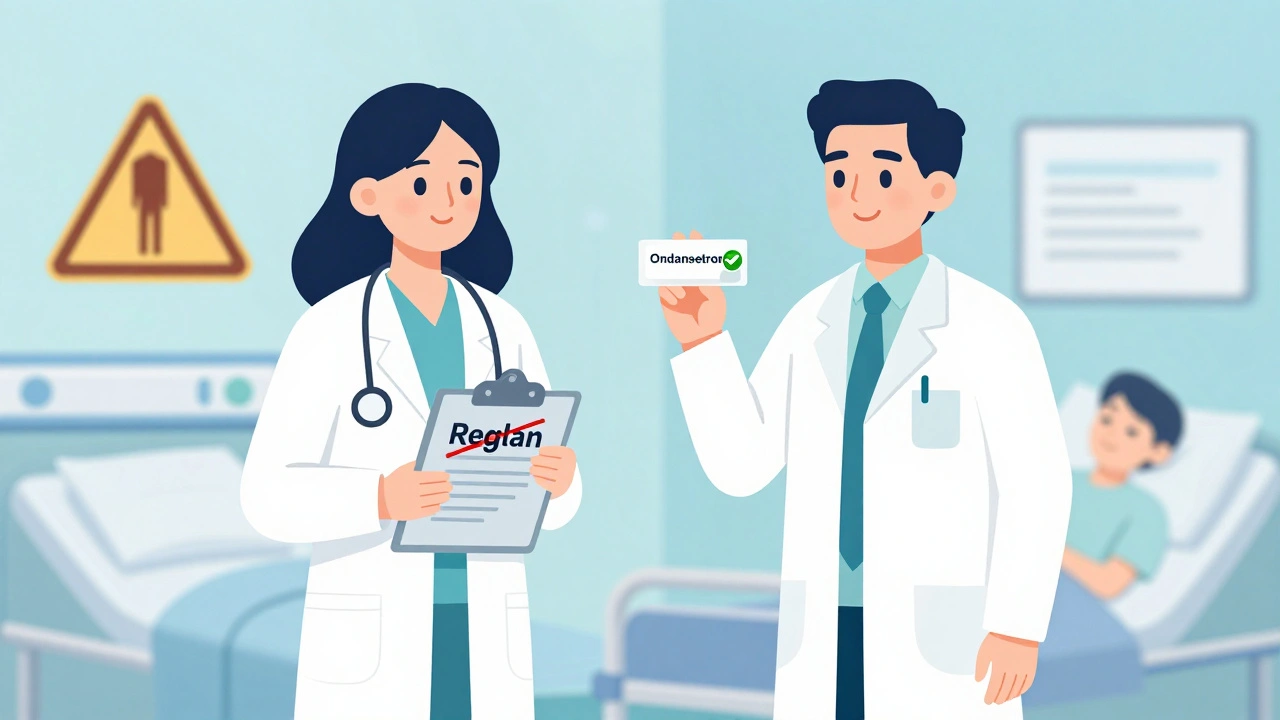 Doctor and pharmacist discussing safer alternatives to metoclopramide for a patient on antipsychotics.