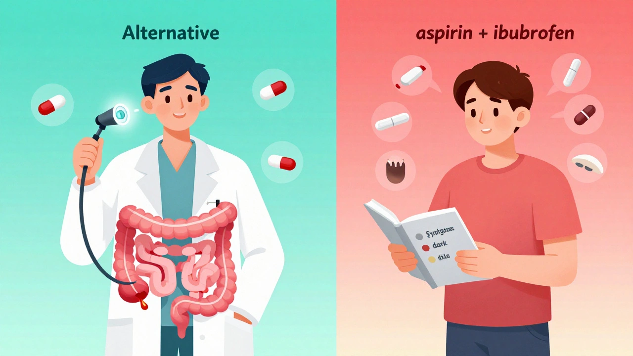 Doctor viewing ulcer via endoscope while patient lists symptoms, with safe and dangerous painkillers shown on either side.