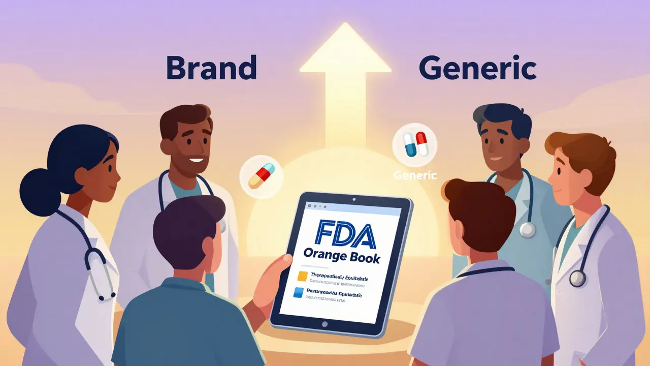 Doctors examining FDA Orange Book on tablet with therapeutic equivalence icons in gradient sunset