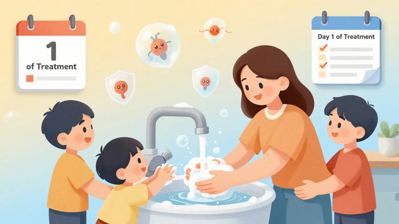 Family washing hands with soap bubbles blocking parasite transmission.