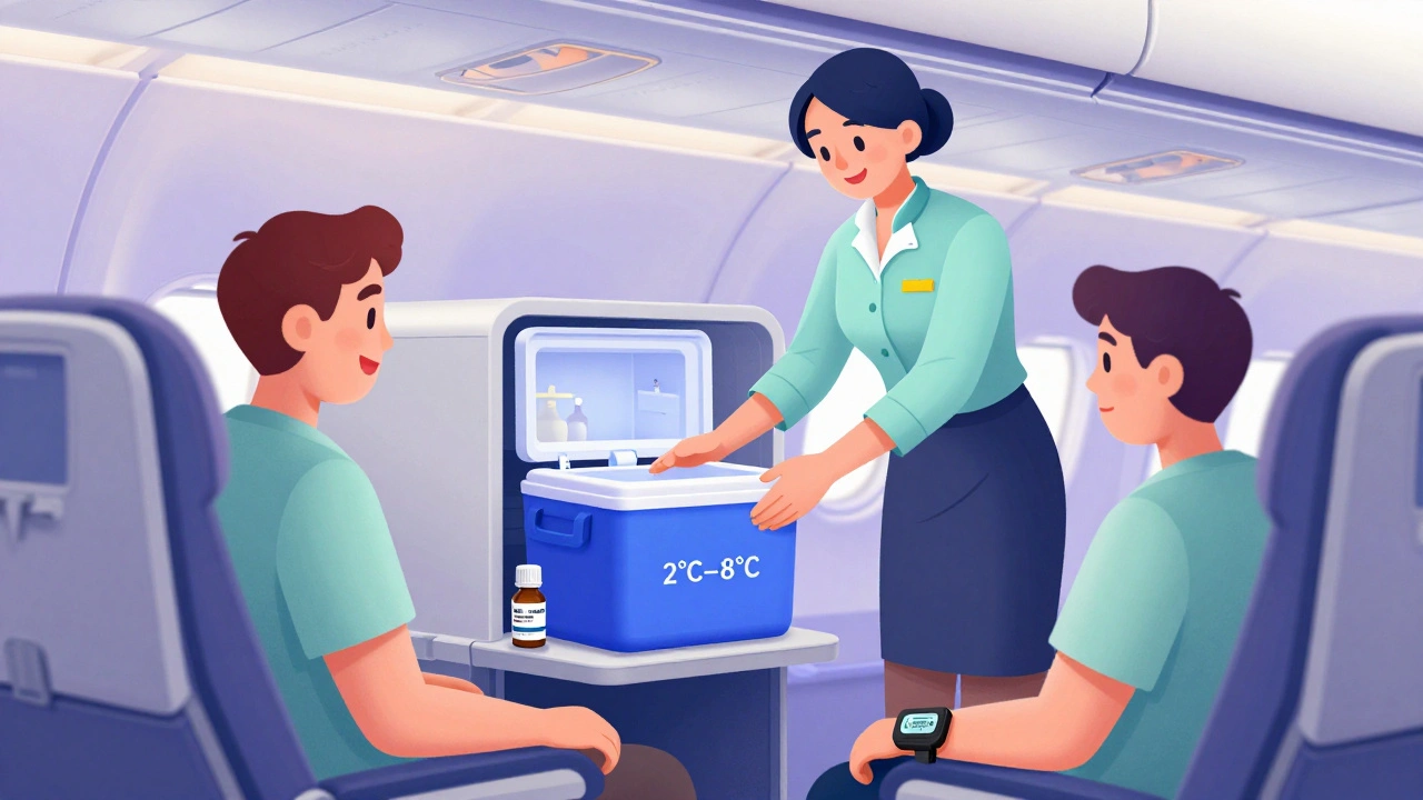 Flight attendant storing medication cooler in onboard refrigeration unit on a Dreamliner airplane.